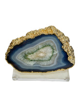 Load image into Gallery viewer, Polished Agate Geode Slice – Green, Blue & Ivory with Gold plated edge