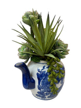 Load image into Gallery viewer, Vintage Blue & White Teapot with Faux Succulents – Whimsical Botanical Accent