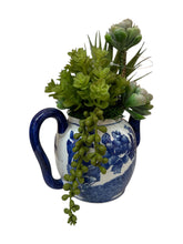 Load image into Gallery viewer, Vintage Blue & White Teapot with Faux Succulents – Whimsical Botanical Accent