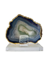 Load image into Gallery viewer, Polished Agate Geode Slice – Green, Blue & Ivory with Gold plated edge