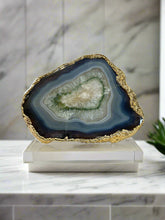 Load image into Gallery viewer, Polished Agate Geode Slice – Green, Blue & Ivory with Gold plated edge