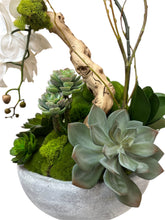 Load image into Gallery viewer, Orchid & Succulent Harmony in Concrete Bowl Elegant Faux Arrangement for Luxury Interiors