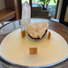 Load image into Gallery viewer, Haus Signature Caribbean Teakwood Crystal Candle – Clear Quartz Point & Natural Cluster