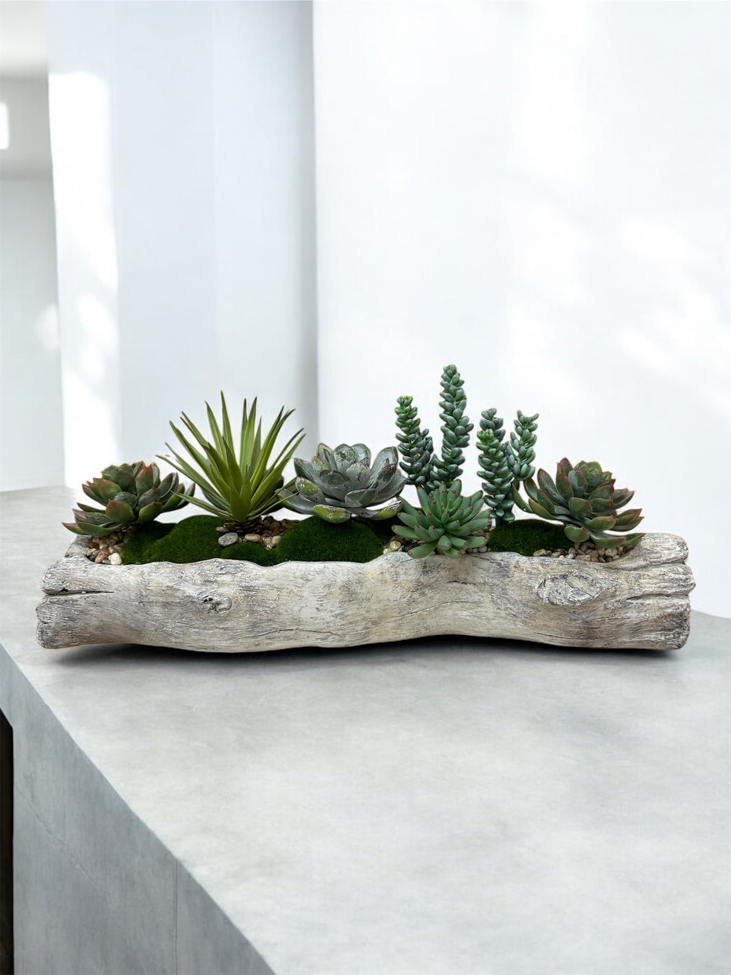 Faux Succulent Garden in Driftwood cast Vessel – Organic Tabletop Accent for Natural Interiors