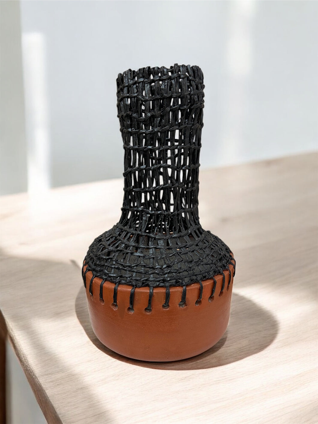 Handwoven Raffia and Clay Vase – Brazilian Artisan Craft