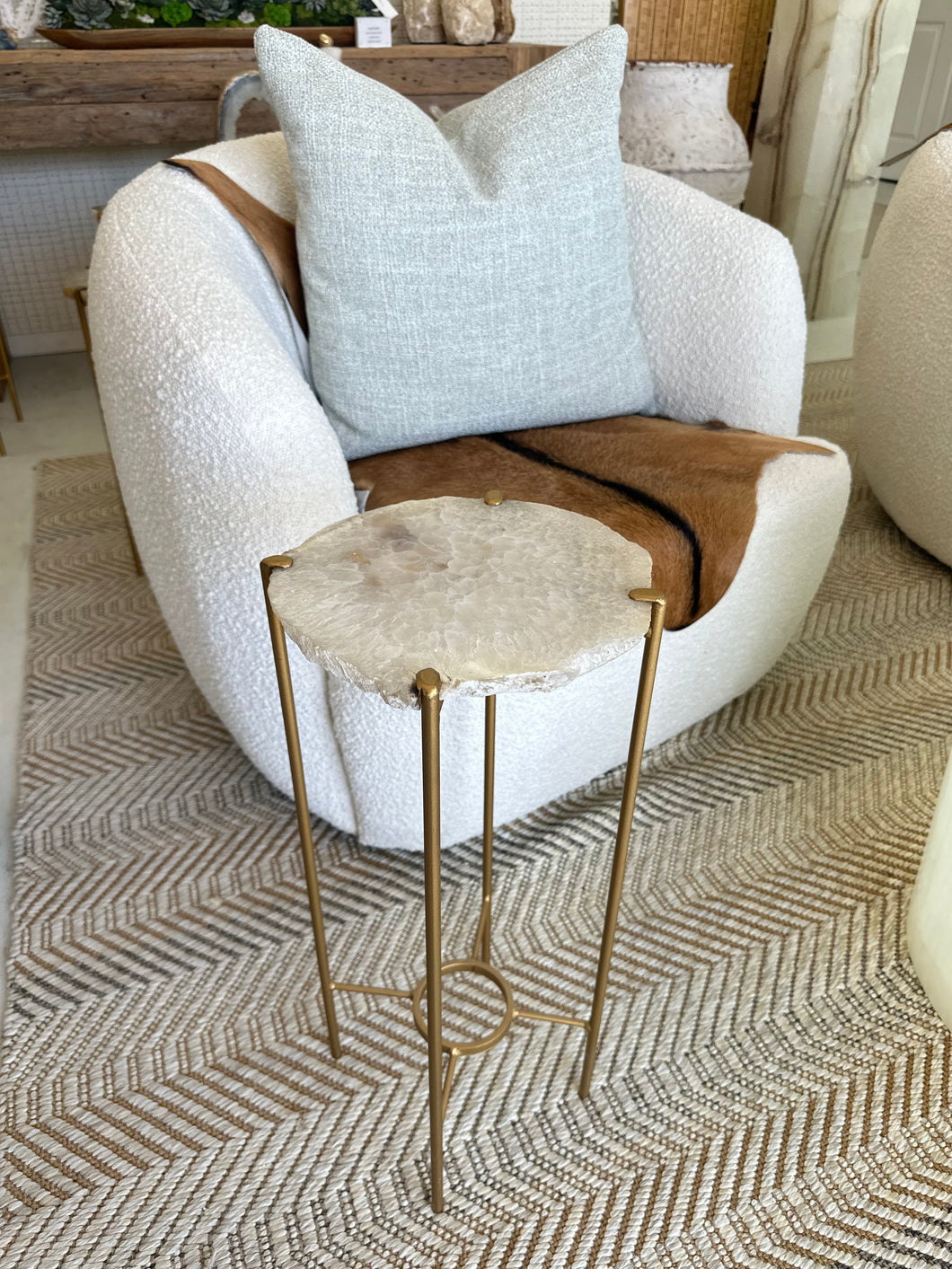 Frosted Agate Accent Table with Matte Gold Base