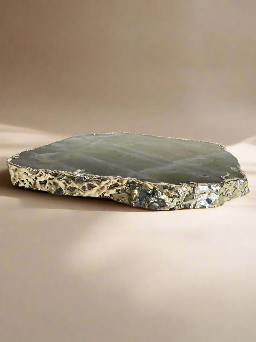 Smoky Quartz Coaster with Silver-Plated Edge