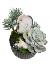 Load image into Gallery viewer, Faux Succulent Arrangement with Agate Slice and Geode in Ribbed Black Bowl
