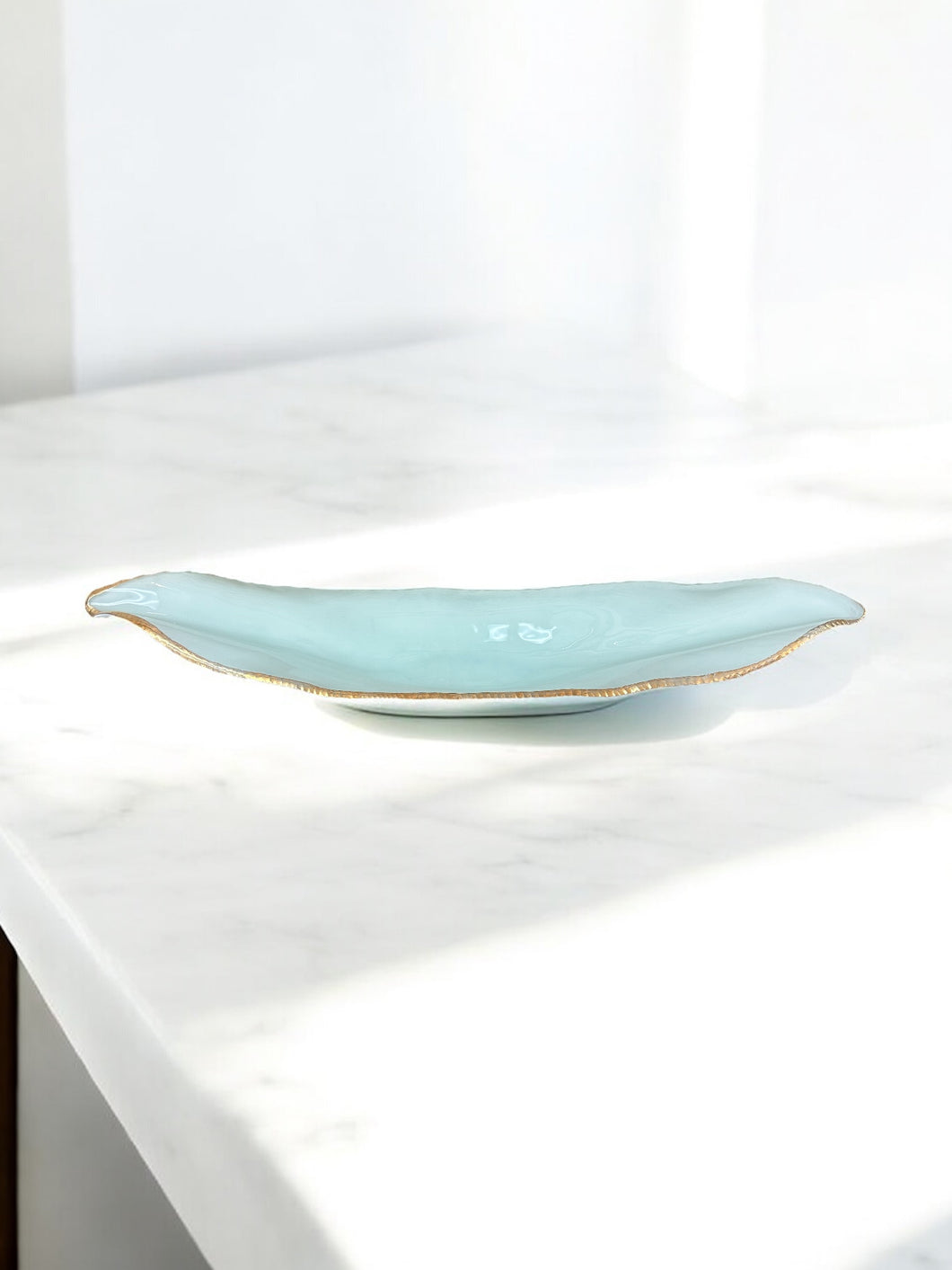 Handblown Glass Centerpiece in Iridescent Aqua with Gold Edges