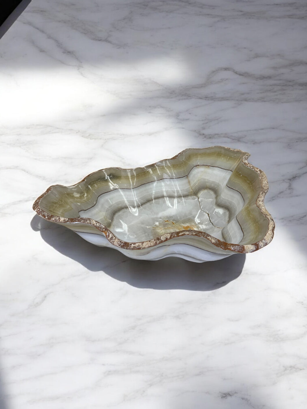 Hand-Carved Onyx Bowl — Olive Green, Cream & Stone Veining