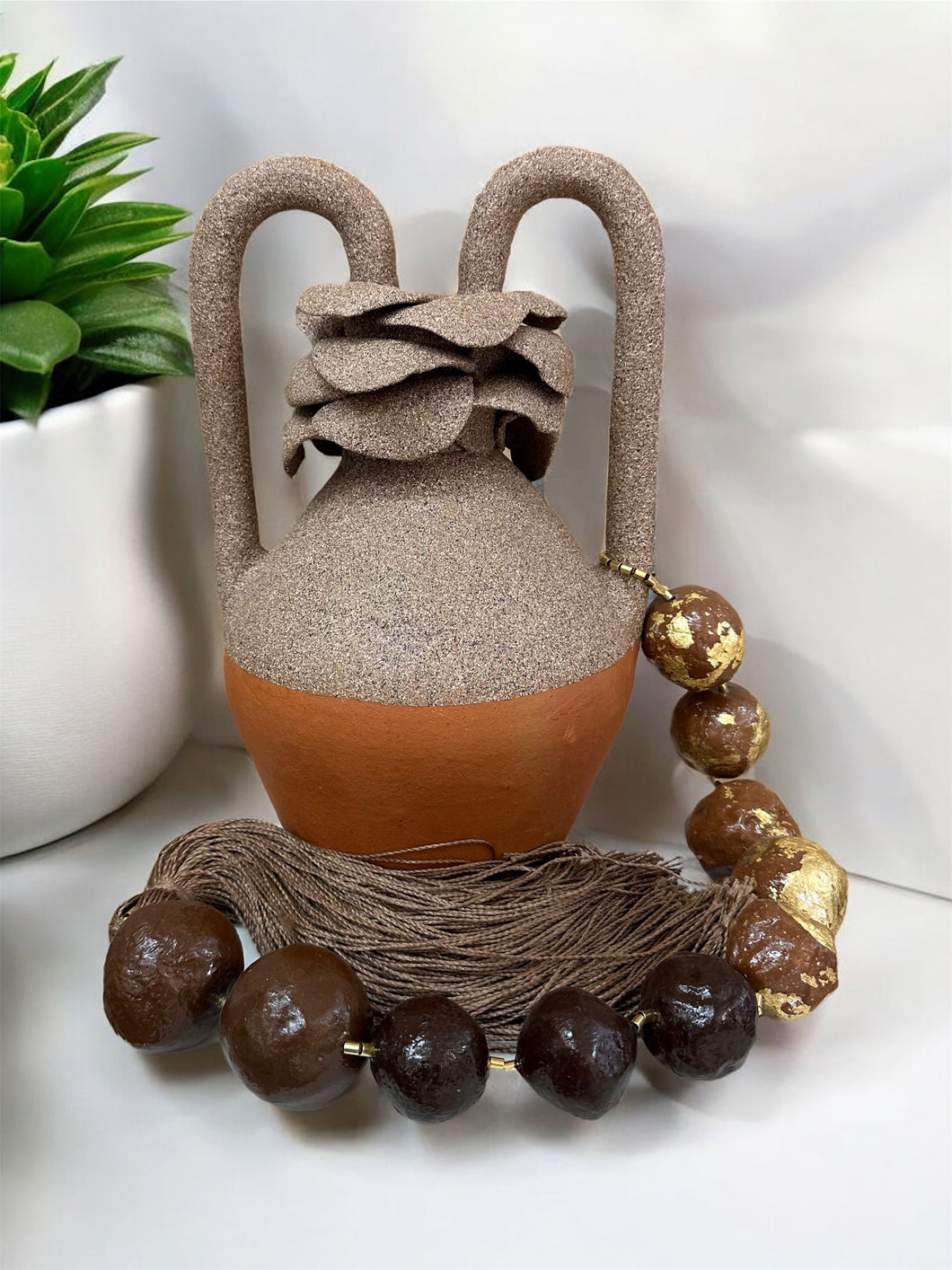 Two-Tone Brazilian Vase with Sculpted Lid, Tassel, and Gilded Beads