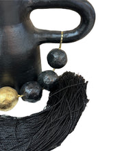 Load image into Gallery viewer, Black Clay Brazilian Vase with Gold &amp; Slate Tassel Beads
