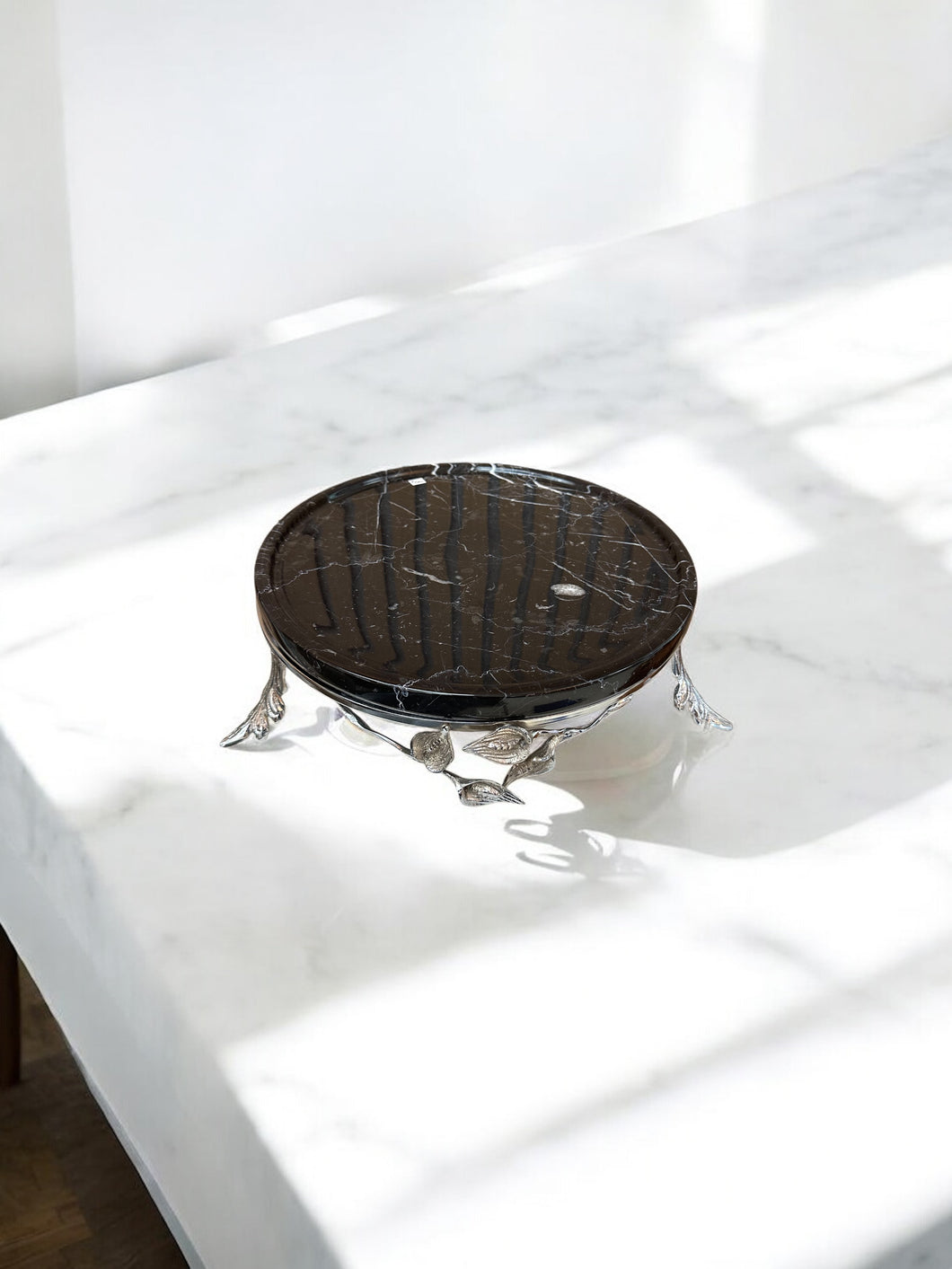Black Onyx Pedestal with Silver Leaf Detail