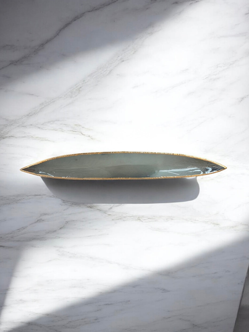 Hand-Blown Iridescent Glass Centerpiece – Steel Blue with Gold