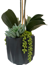 Load image into Gallery viewer, White Orchid Drop in Faceted Black Vessel – Minimalist Faux Floral for Luxury Spaces
