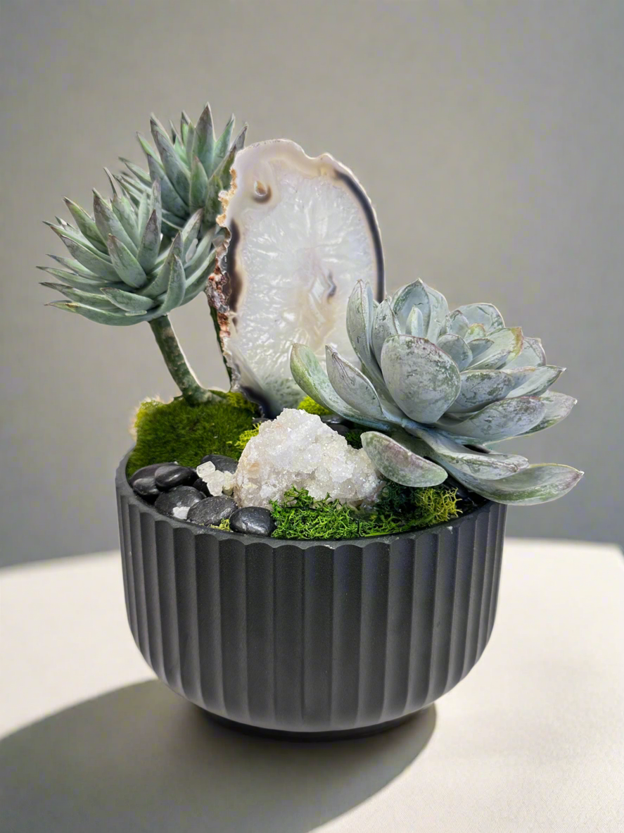 geode succulent Faux Succulent Arrangement with Agate Slice and Geode in Ribbed Black Bowl