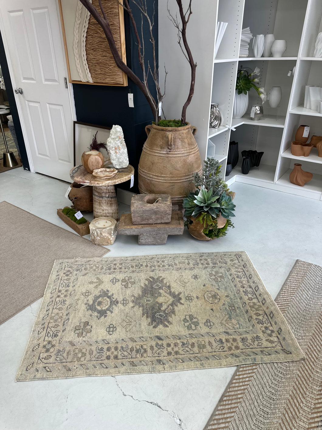 Vintage Turkish Rug – Faded Olive, Cream & Dusty Blue Floral