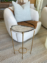Load image into Gallery viewer, Sliced Agate Accent Table with Dark Steel blue Border and Matte Gold Base
