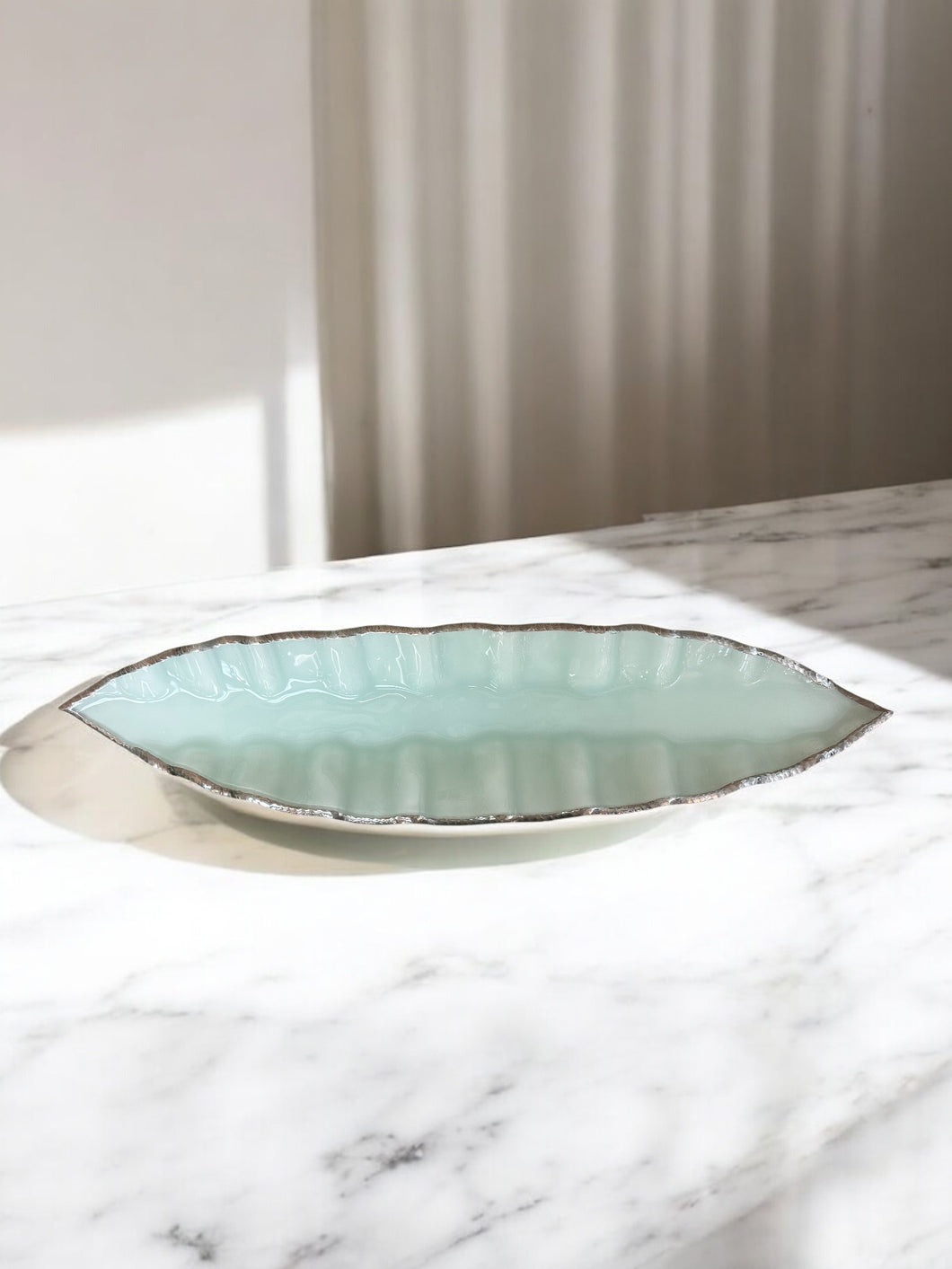 Handblown Glass Centerpiece – Aqua Iridescent with Silver Edge
