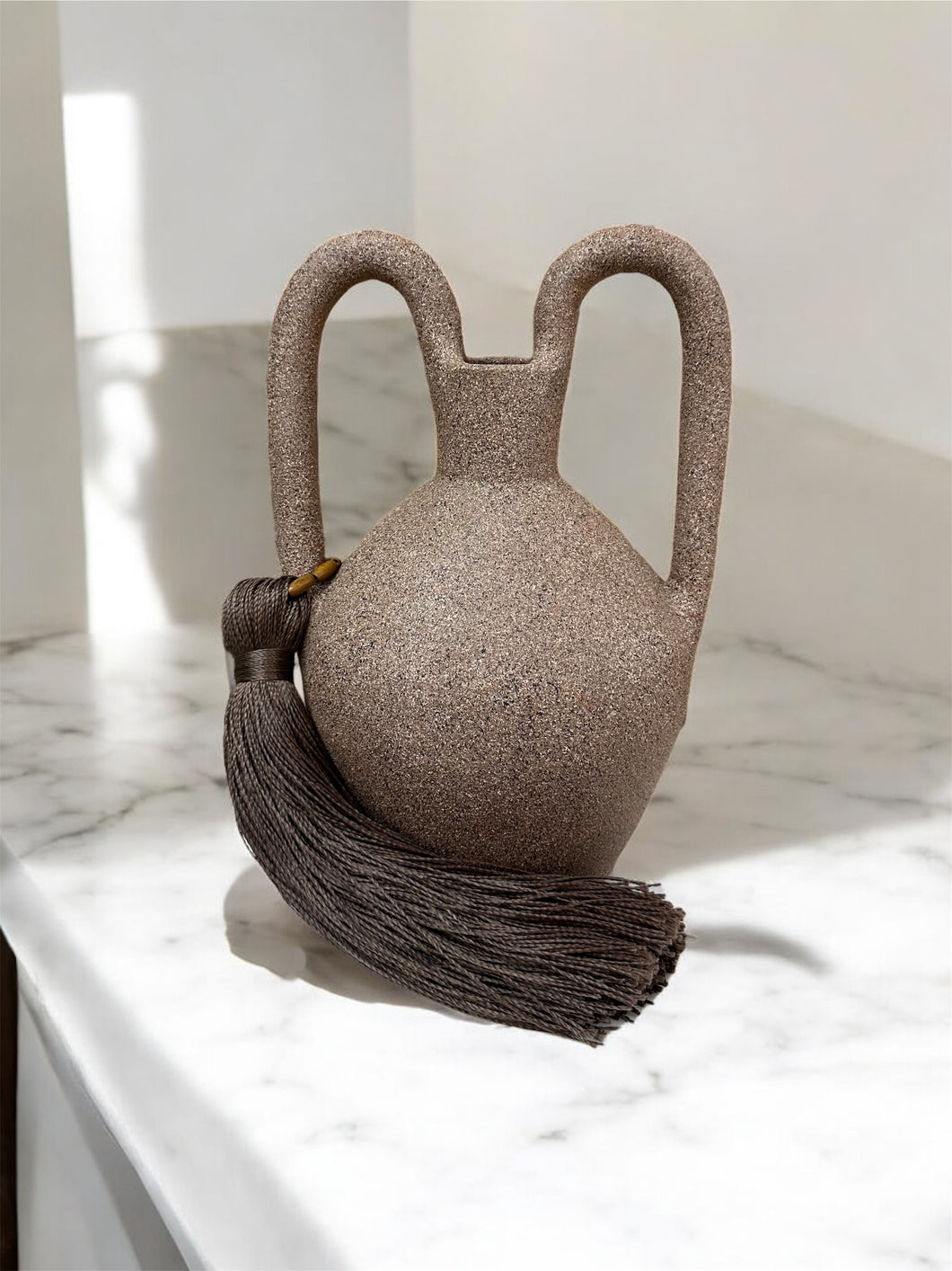 Tall Brazilian Clay Vase with Silk Tassel and Natural Stone Beads