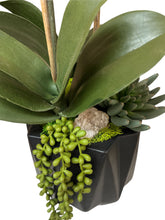 Load image into Gallery viewer, White Orchid Drop in Faceted Black Vessel – Minimalist Faux Floral for Luxury Spaces
