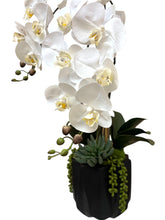 Load image into Gallery viewer, White Orchid Drop in Faceted Black Vessel – Minimalist Faux Floral for Luxury Spaces
