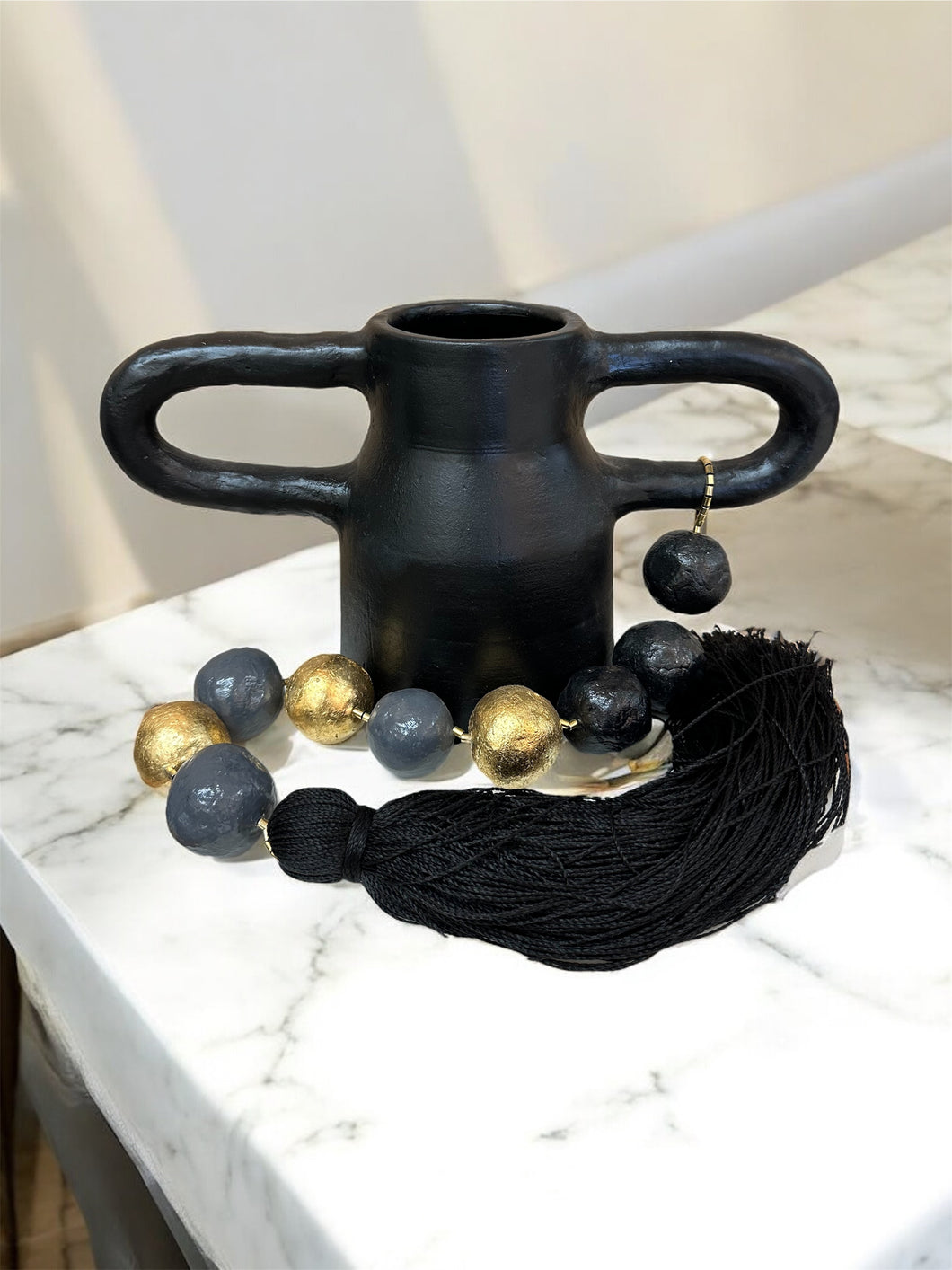 Black Clay Brazilian Vase with Gold & Slate Tassel Beads