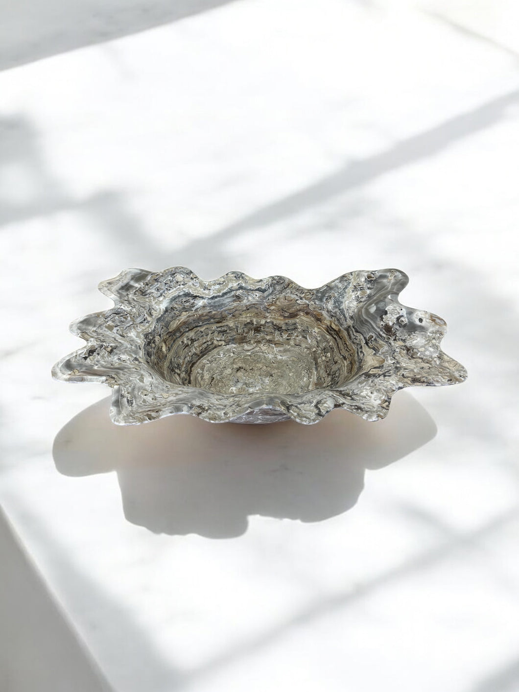 Hand-Carved Onyx Bowl — Cool Taupe, Grey & Cream Veining