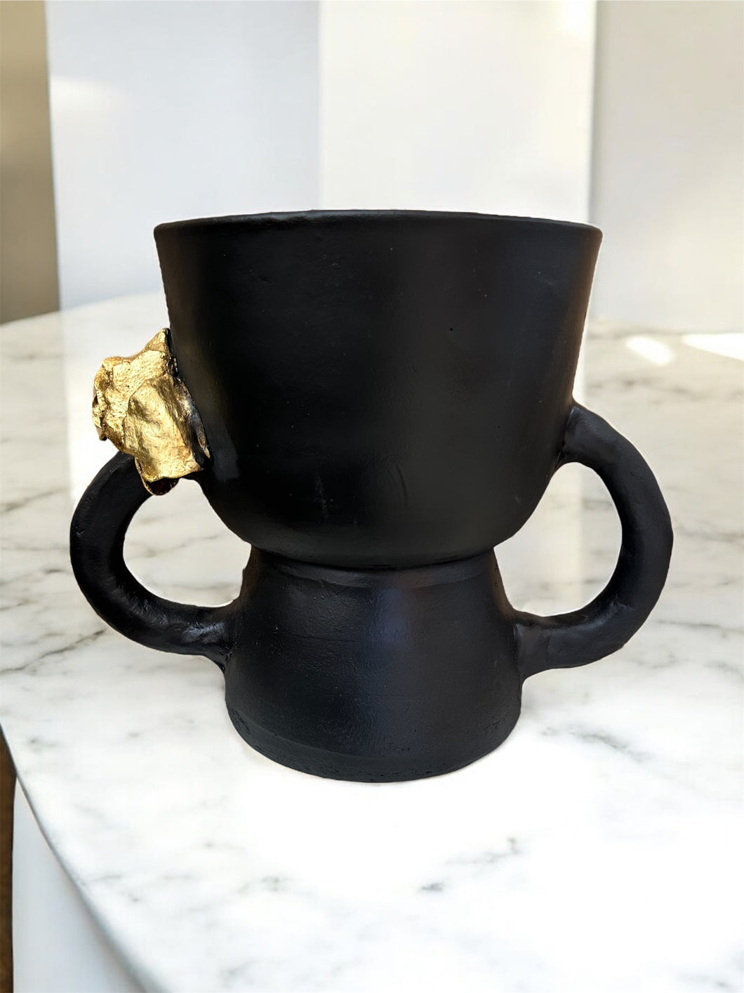 Sculpted Black Clay Vase with Gold Leaf Floral Detail