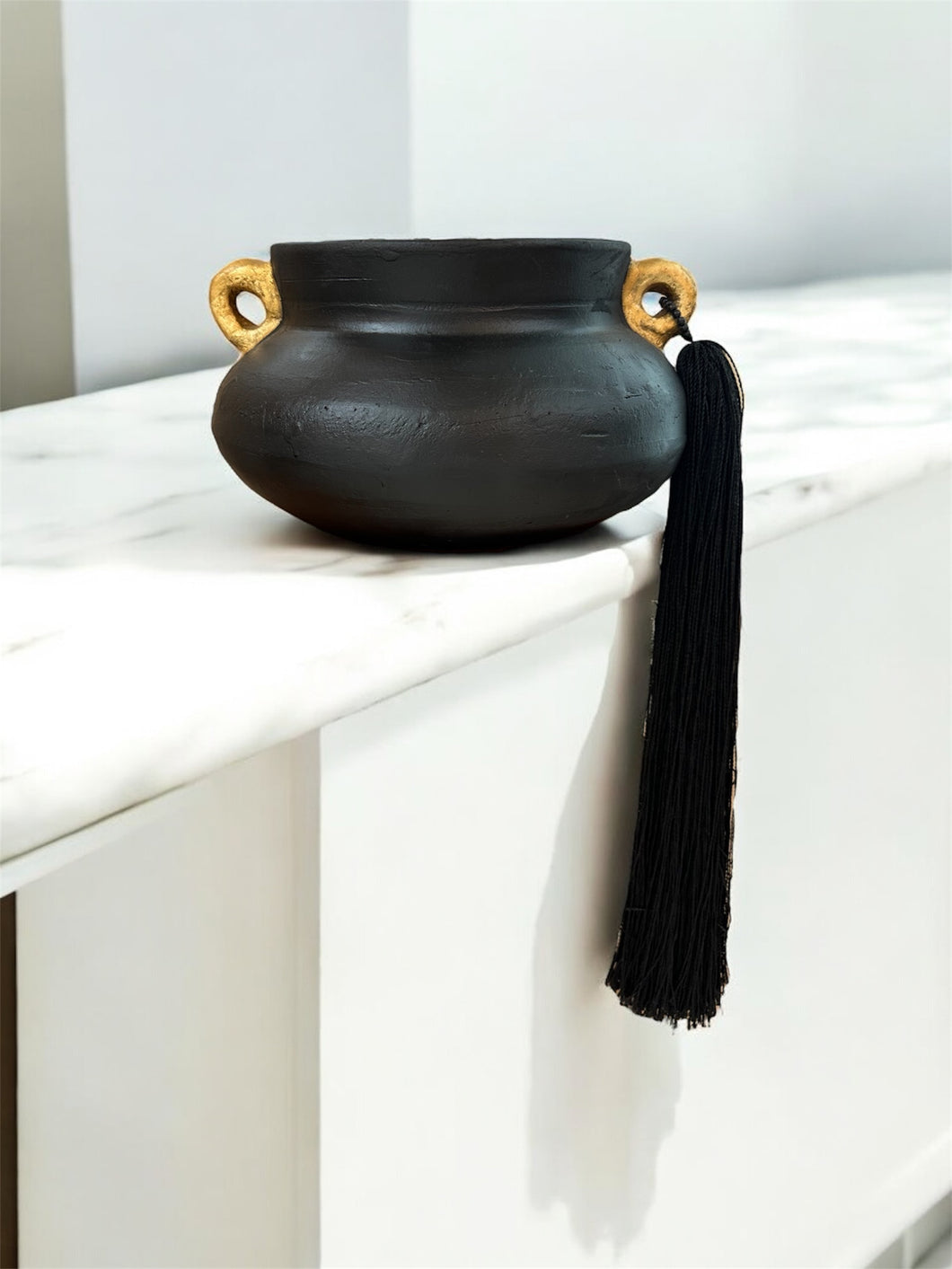 Black Brazilian Clay Vase with Gold Leaf and Silk Tassels