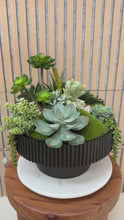 Load and play video in Gallery viewer, Dark Brown Modern Fluted Bowl- Lush Silk Succulents &amp; Geode
