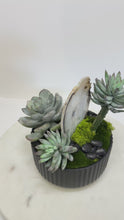 Load and play video in Gallery viewer, Faux Succulent Arrangement with Agate Slice and Geode in Ribbed Black Bowl
